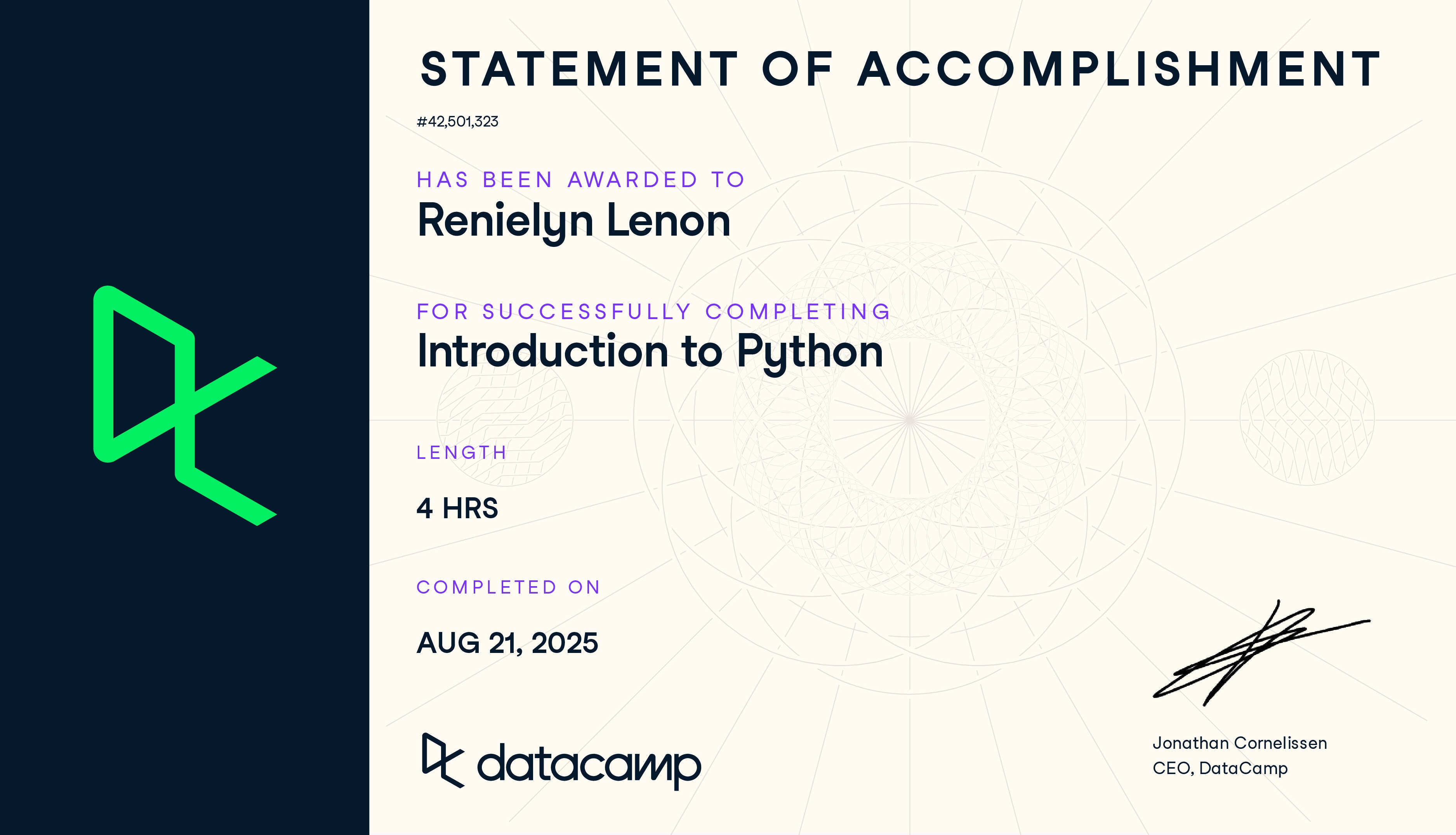 Introduction to Python Certificate by DataCamp - Renielyn Lenon